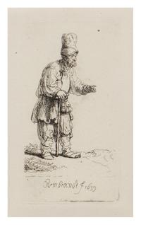 Rembrandt van Rijn, (Dutch, 1606-1669), A Peasant in a High Cap, standing leaning on a Stick, 1639