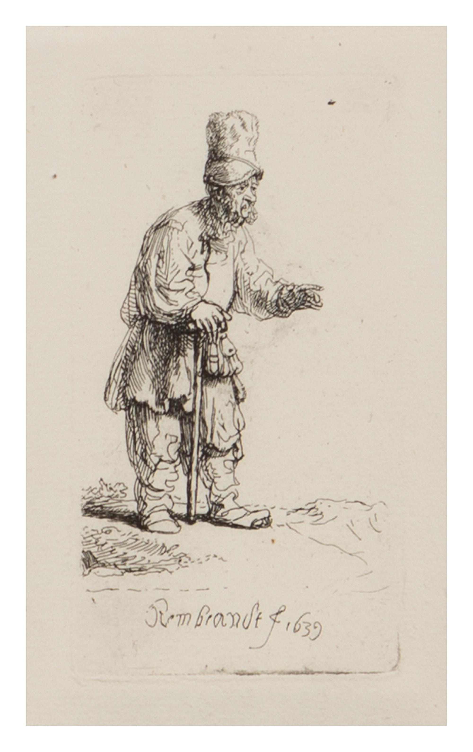 Rembrandt van Rijn, (Dutch, 1606-1669), A Peasant in a High Cap, standing leaning on a Stick, 1639