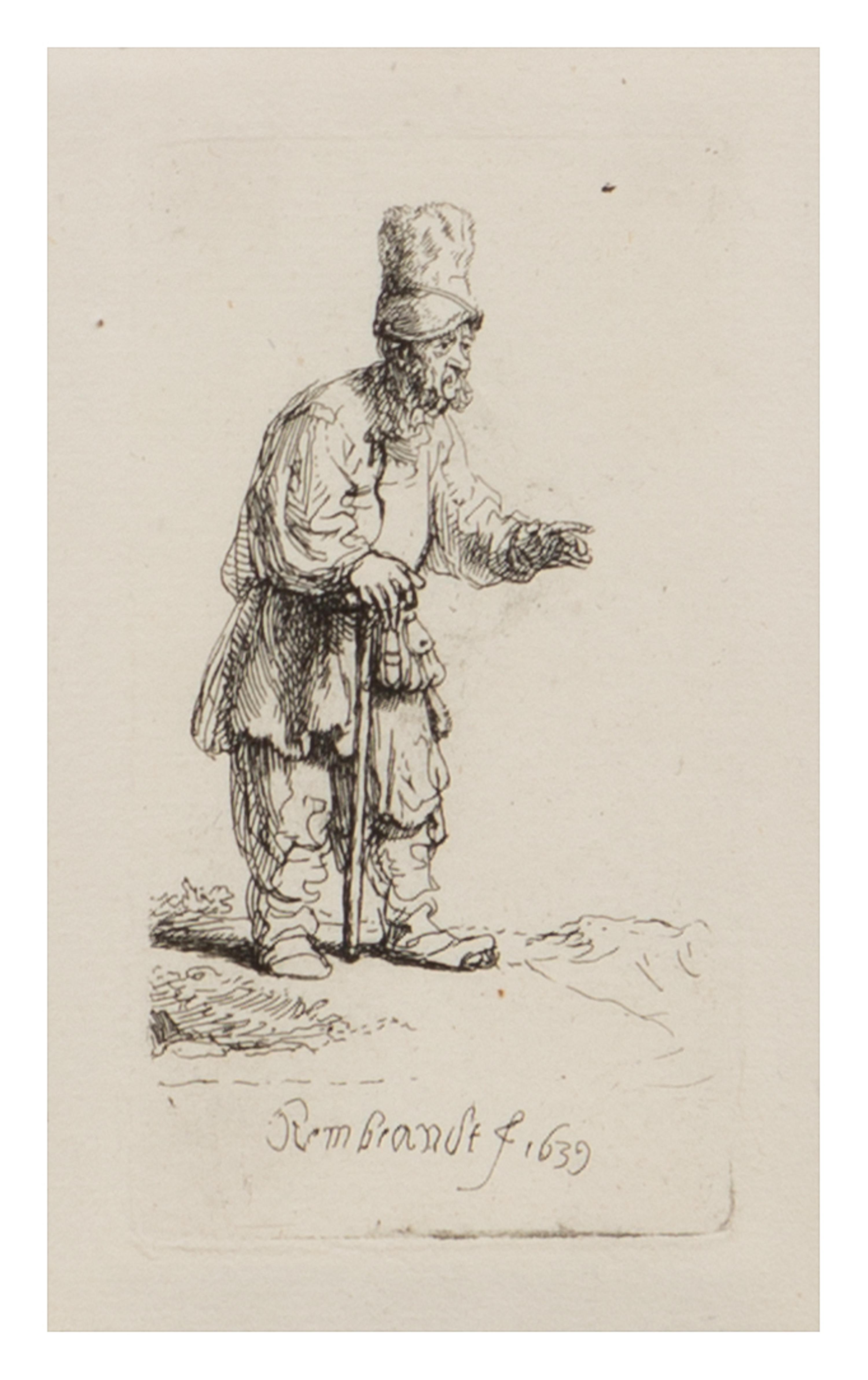 Rembrandt van Rijn, (Dutch, 1606-1669), A Peasant in a High Cap, standing leaning on a Stick, 1639