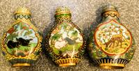 Three Cloisonne Enamel Snuff Bottles. Height of largest 2 7/8 inches.