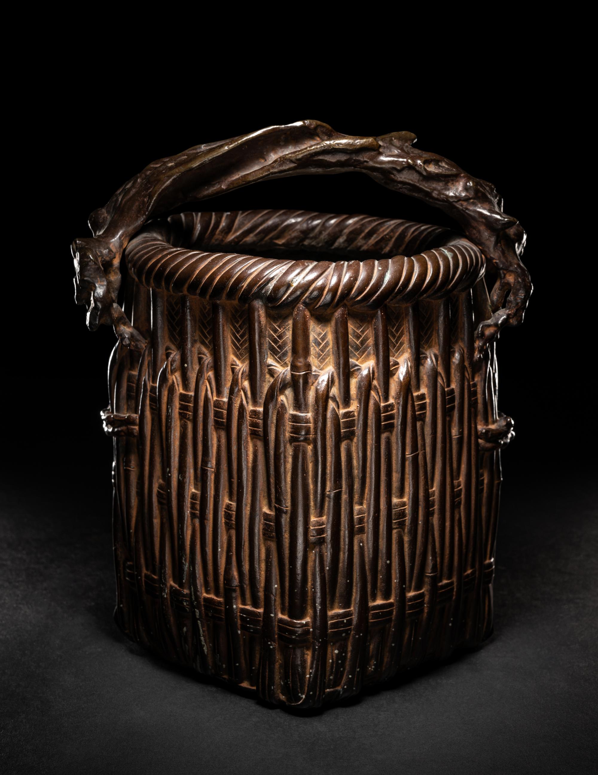 A Japanese Bronze Basket-Form Vase