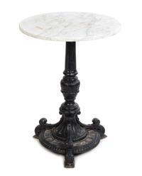 A Cast Iron and Stone Cafe Table Height 30 x diameter of top 22 1/2 inches.