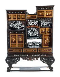 A Japanese Pierce Carved and Lacquered Inlaid Cabinet on Stand