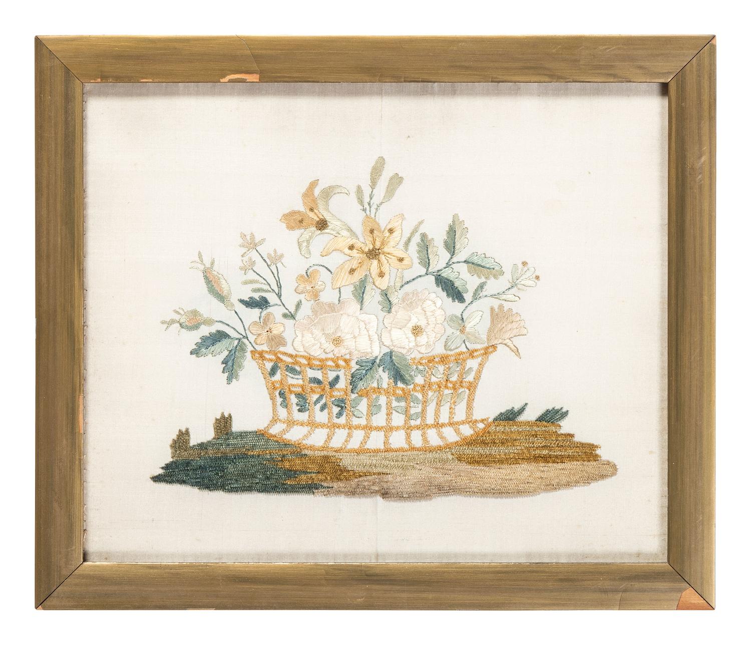 Two Needlework Embroidered Floral Pictures