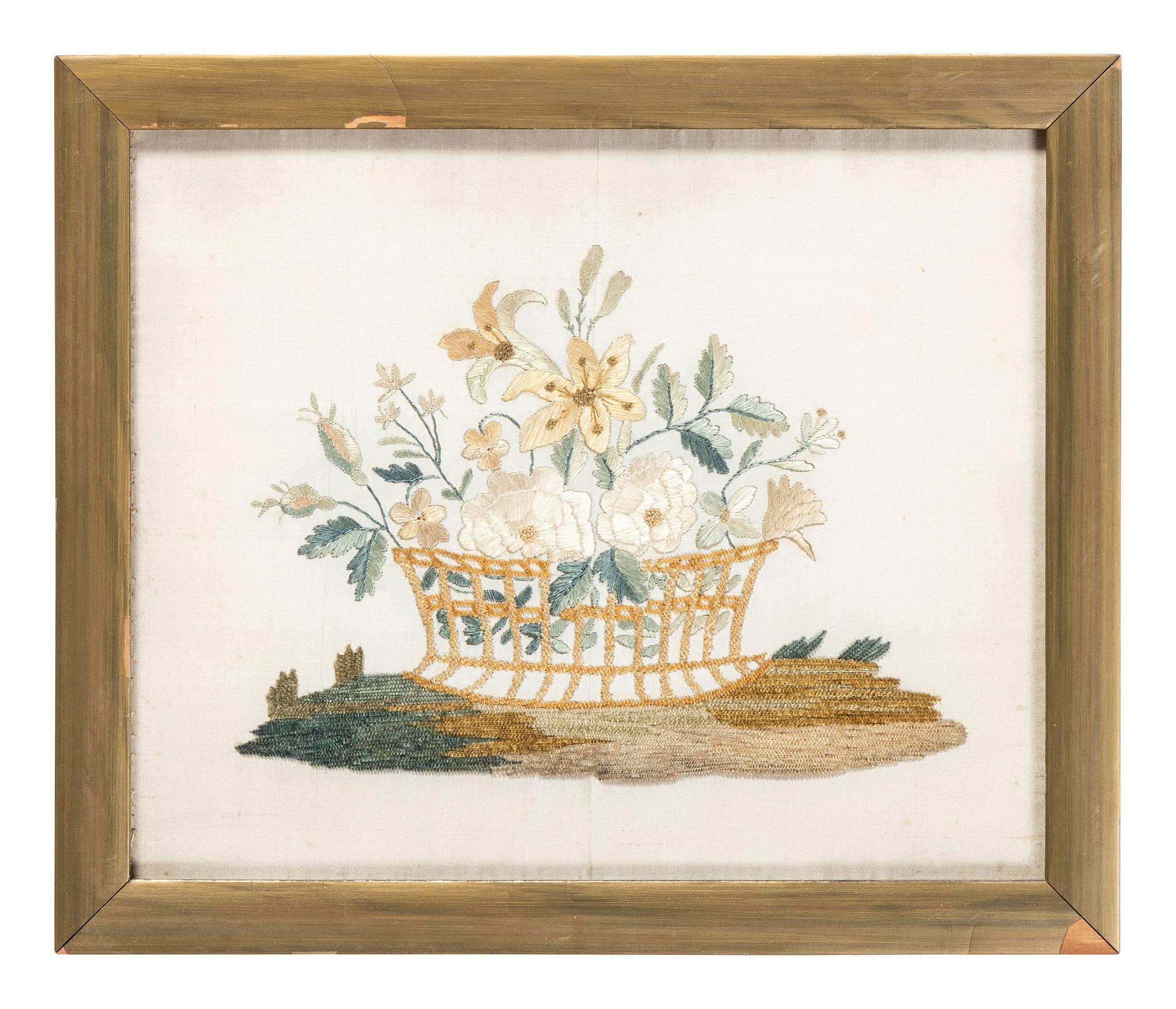 Two Needlework Embroidered Floral Pictures