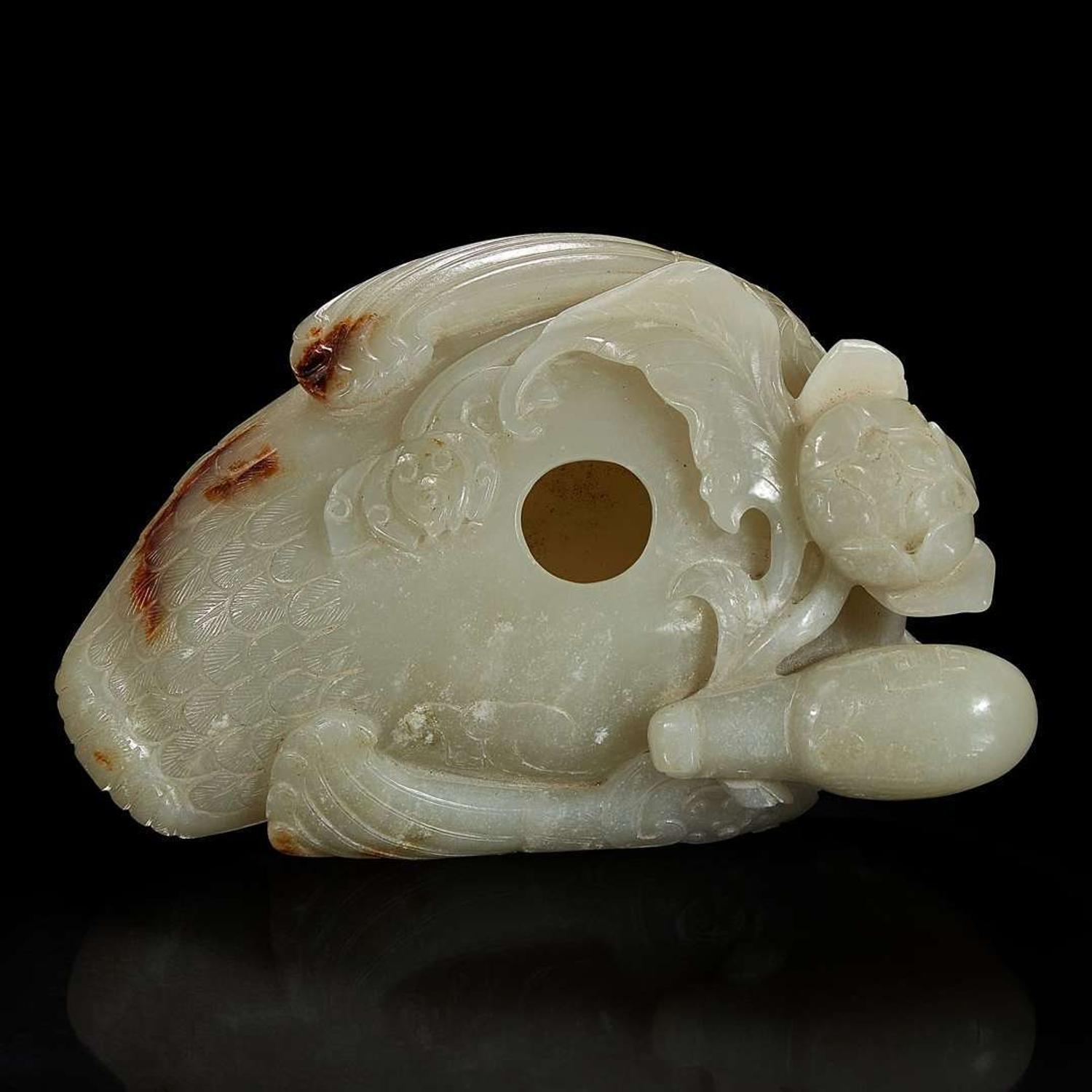 A Chinese celadon jade archaistic "Duck" water coupe and carved wood stand 青玉鸭形水丞配木底座 Qing dynasty ?