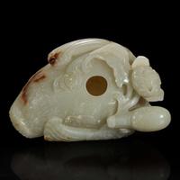A Chinese celadon jade archaistic "Duck" water coupe and carved wood stand 青玉鸭形水丞配木底座 Qing dynasty ?
