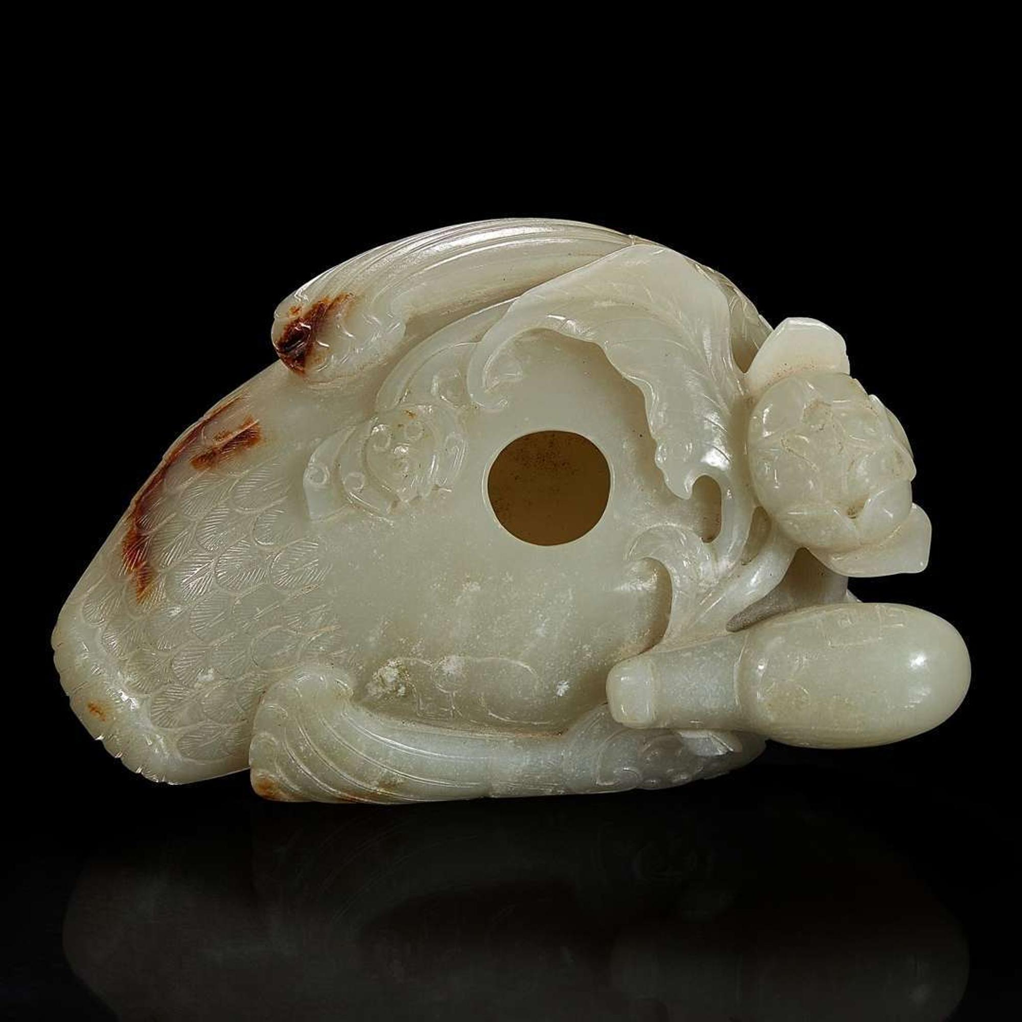 A Chinese celadon jade archaistic "Duck" water coupe and carved wood stand 青玉鸭形水丞配木底座 Qing dynasty ?