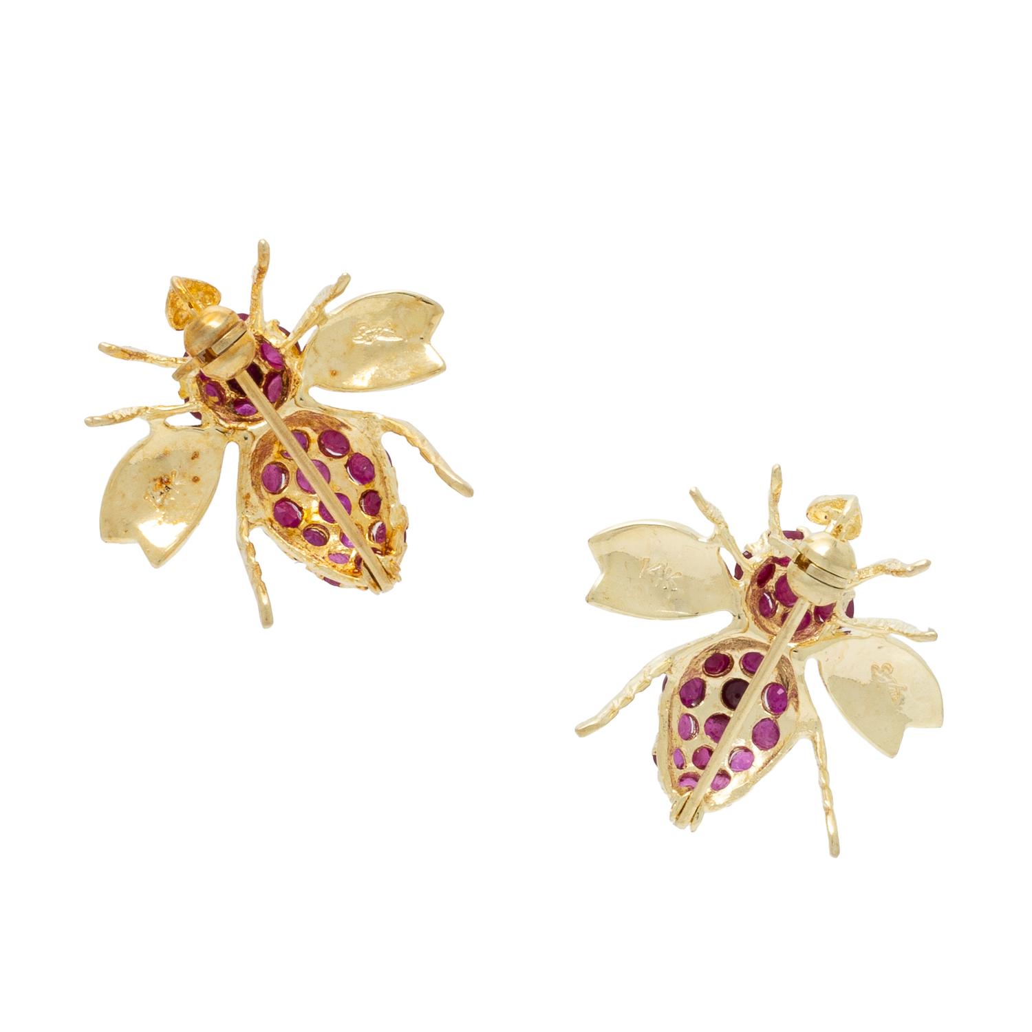 Two Ruby and Yellow Gold Bee Brooches