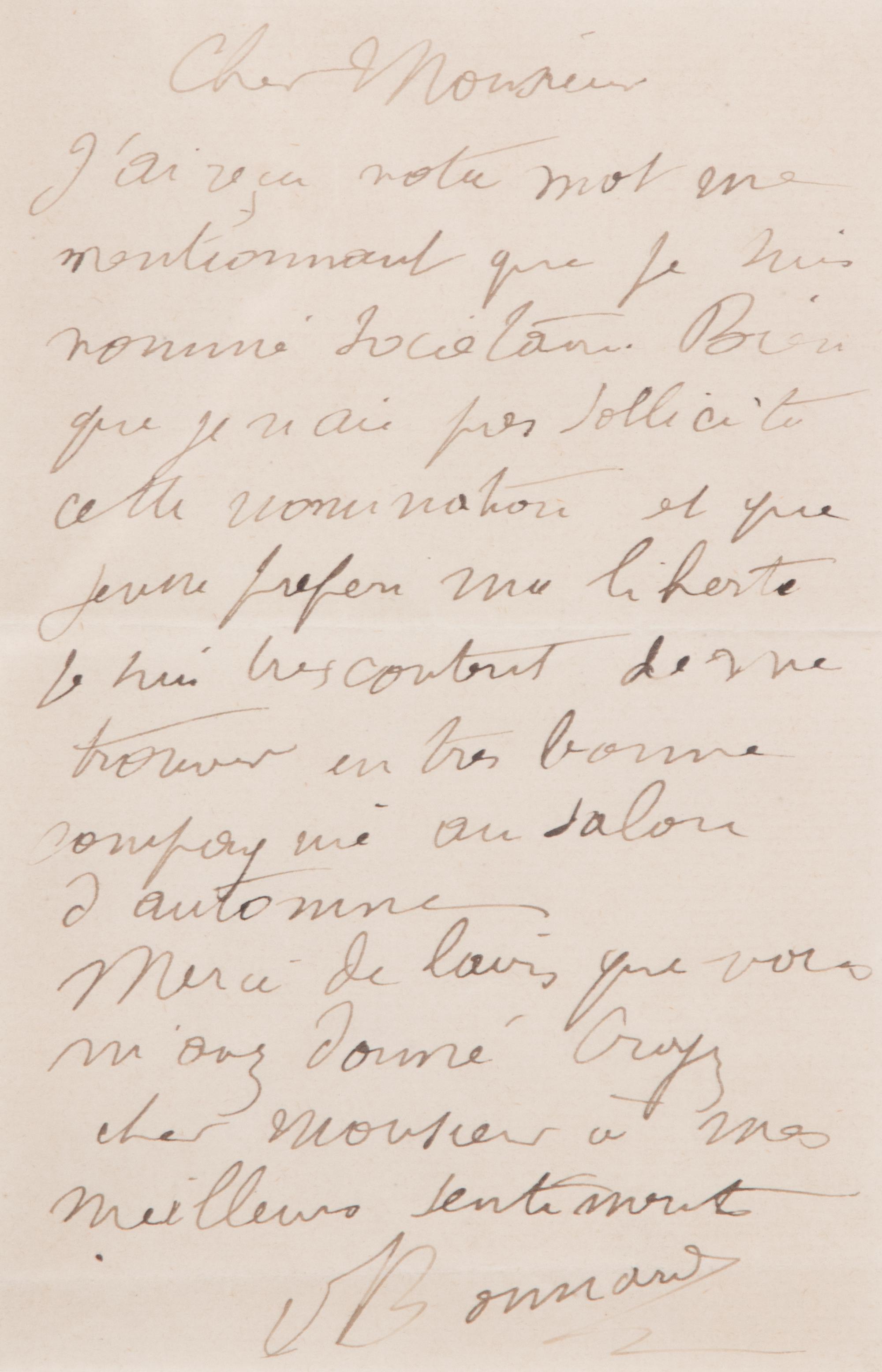 BONNARD, Pierre (1867-1947). Autograph letter signed ("Bonnard"), to an unnamed recipient. N.p., n.d. 1 page, 8vo .