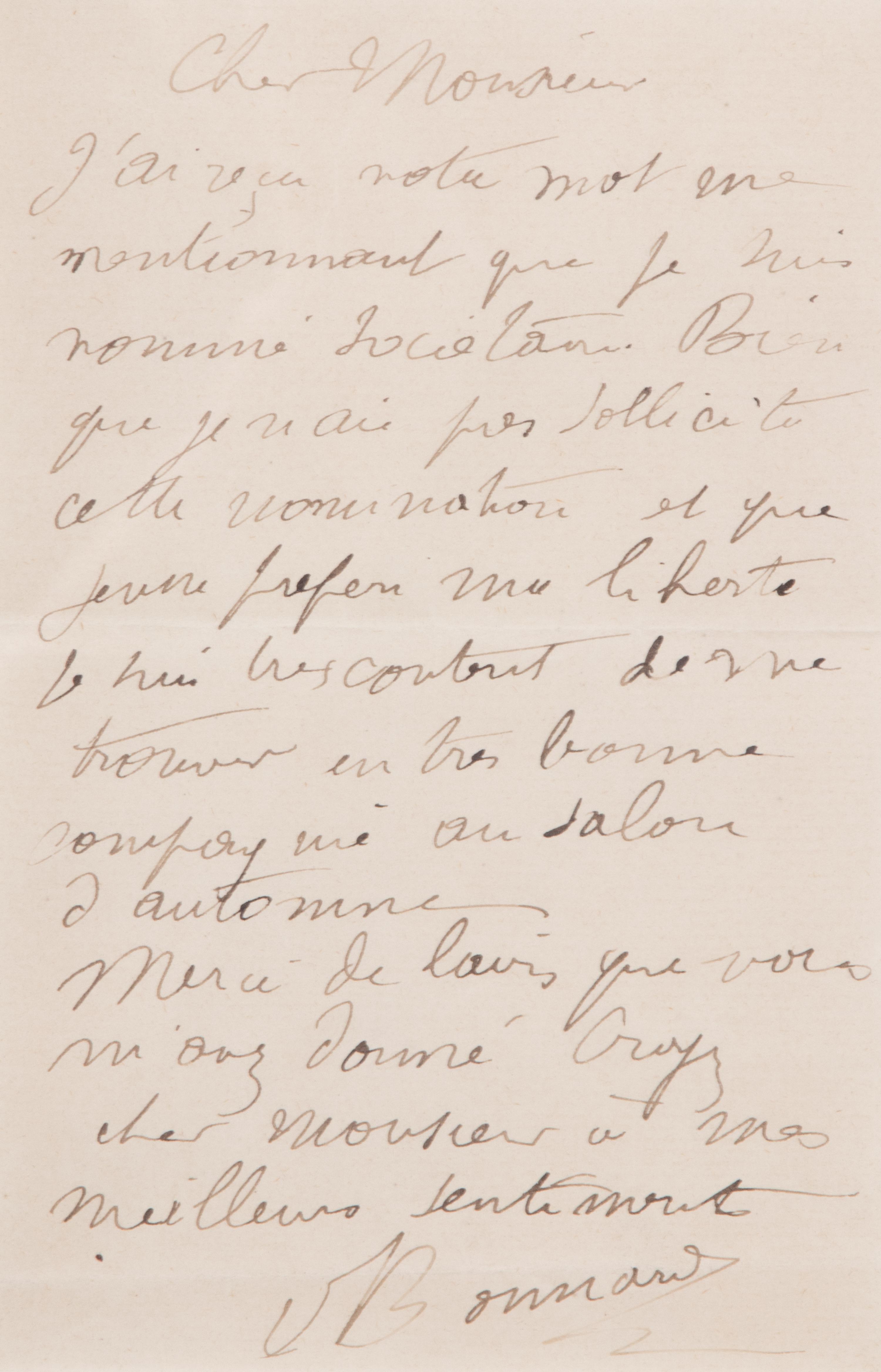 BONNARD, Pierre (1867-1947). Autograph letter signed ("Bonnard"), to an unnamed recipient. N.p., n.d. 1 page, 8vo .