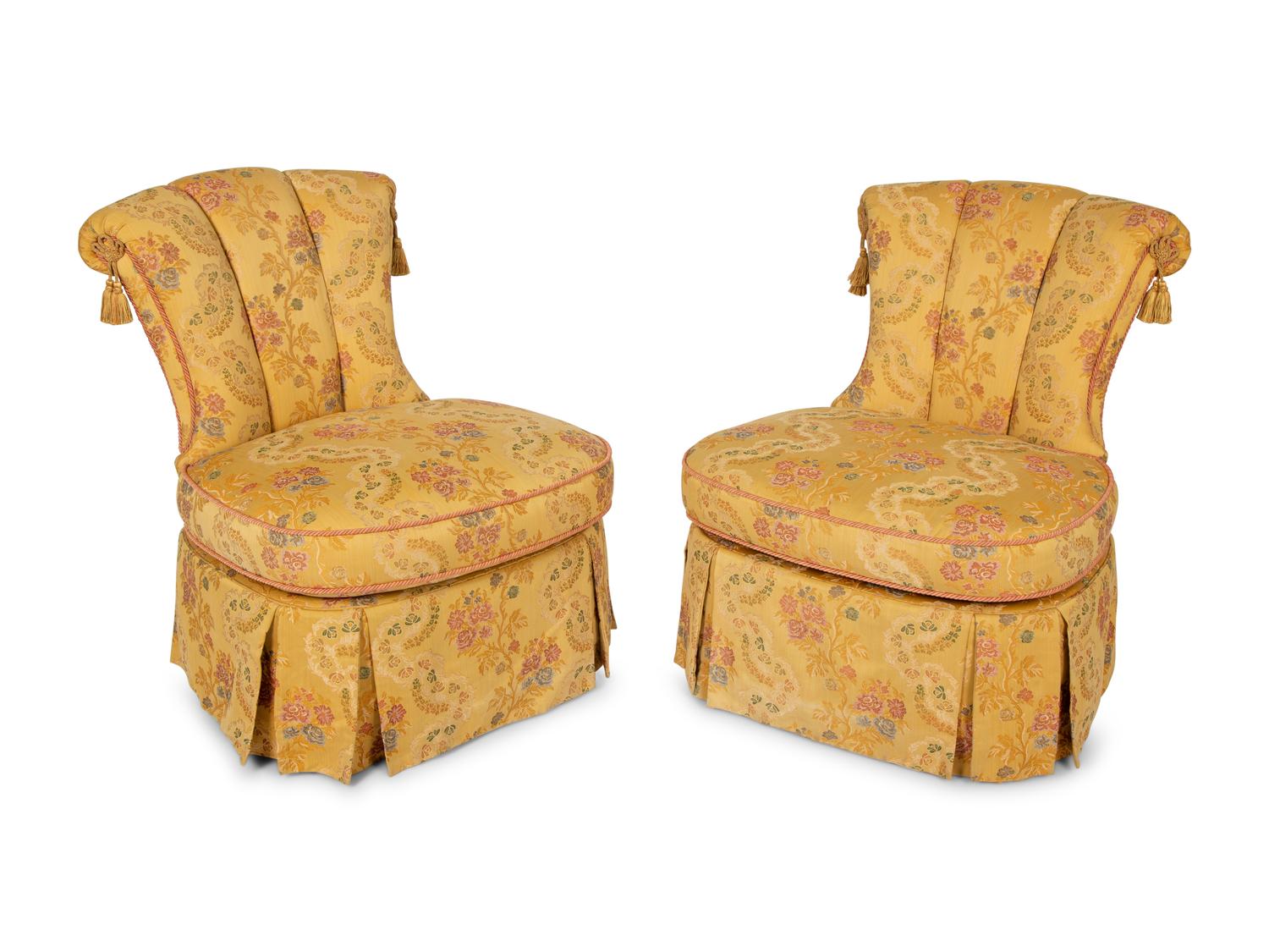 A Pair of Tufted Slipper Chairs with Scalamandré Gabrielle Gold Lampas Upholstery