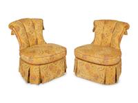 A Pair of Tufted Slipper Chairs with Scalamandré Gabrielle Gold Lampas Upholstery