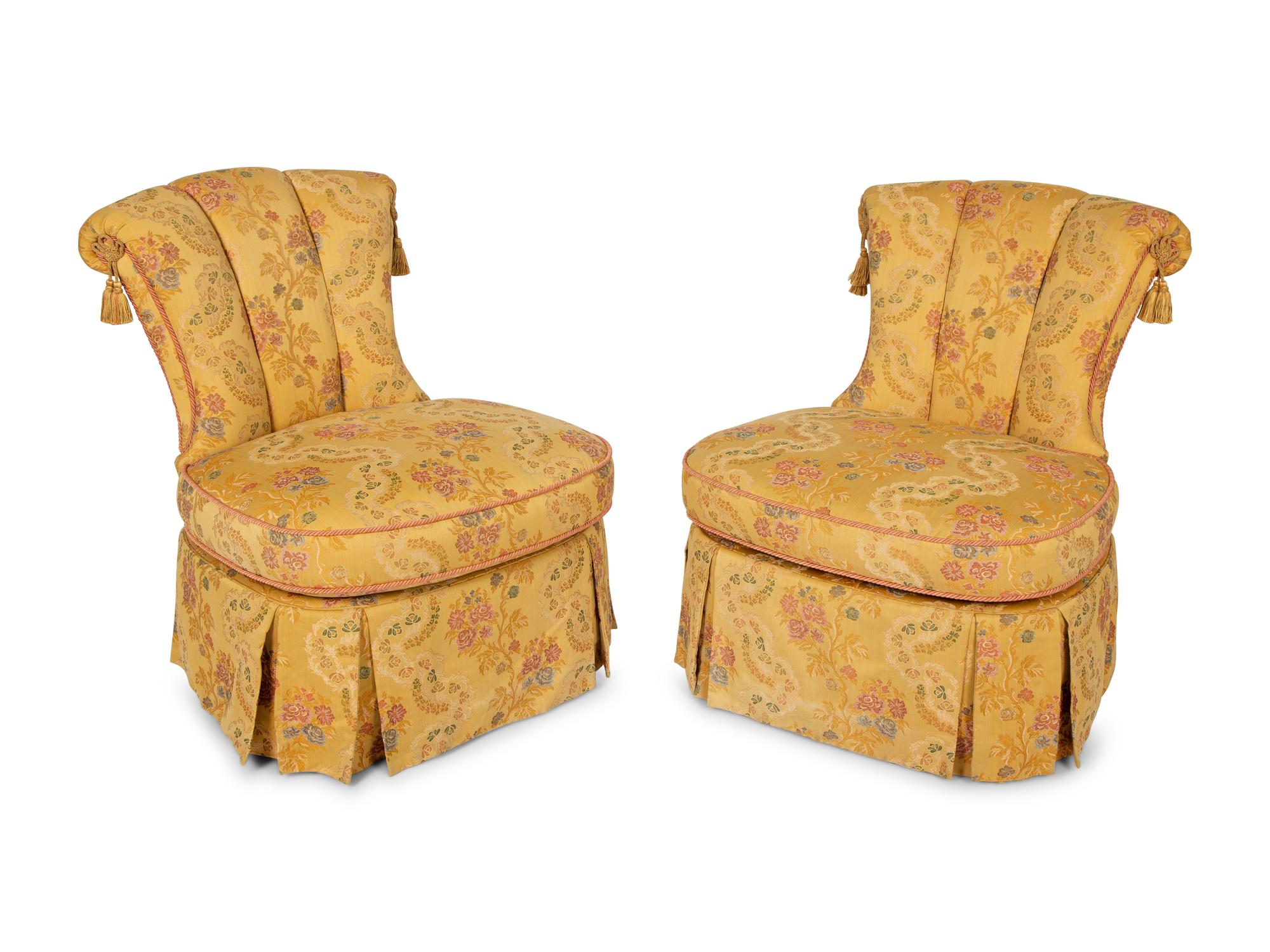 A Pair of Tufted Slipper Chairs with Scalamandré Gabrielle Gold Lampas Upholstery