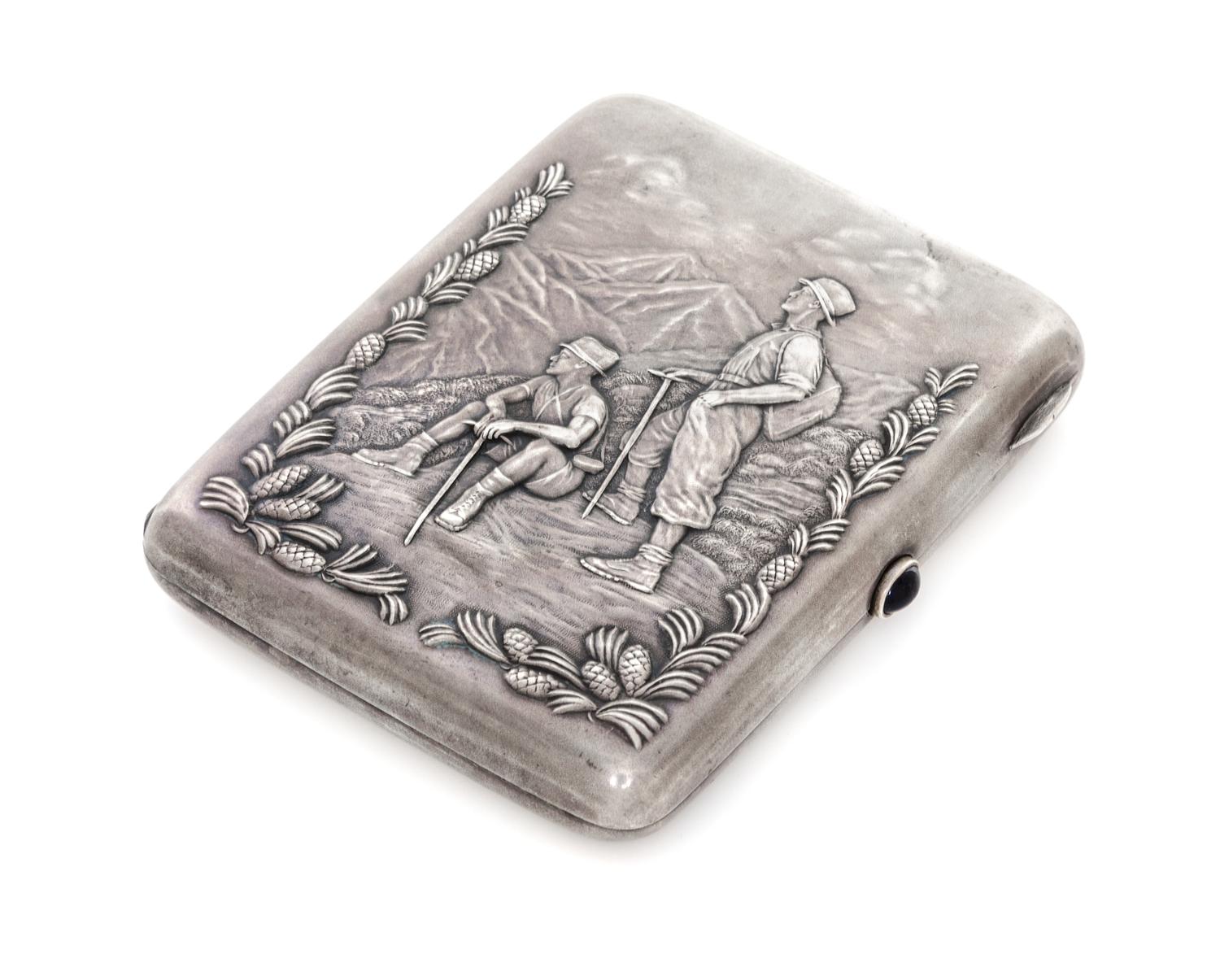A Russian Silver Cigarette Case, Mark of the Fourth Jeweler's Artel, St. Petersburg, early 20th century, the lid with raised decoration