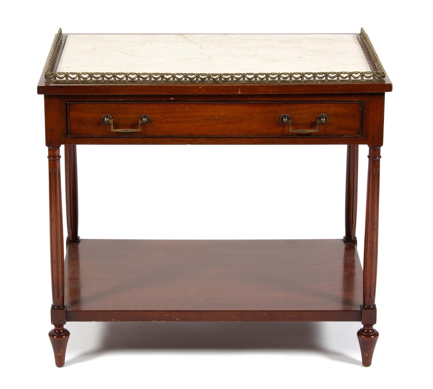 A Directoire Style Mahogany Gilt Metal Mounted Marble Top Side Table Height 24 1/2 x width 27 3/4 x depth 18 1/2 inches. — 20TH CENTURY