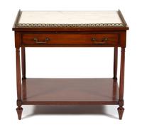 A Directoire Style Mahogany Gilt Metal Mounted Marble Top Side Table Height 24 1/2 x width 27 3/4 x depth 18 1/2 inches. — 20TH CENTURY