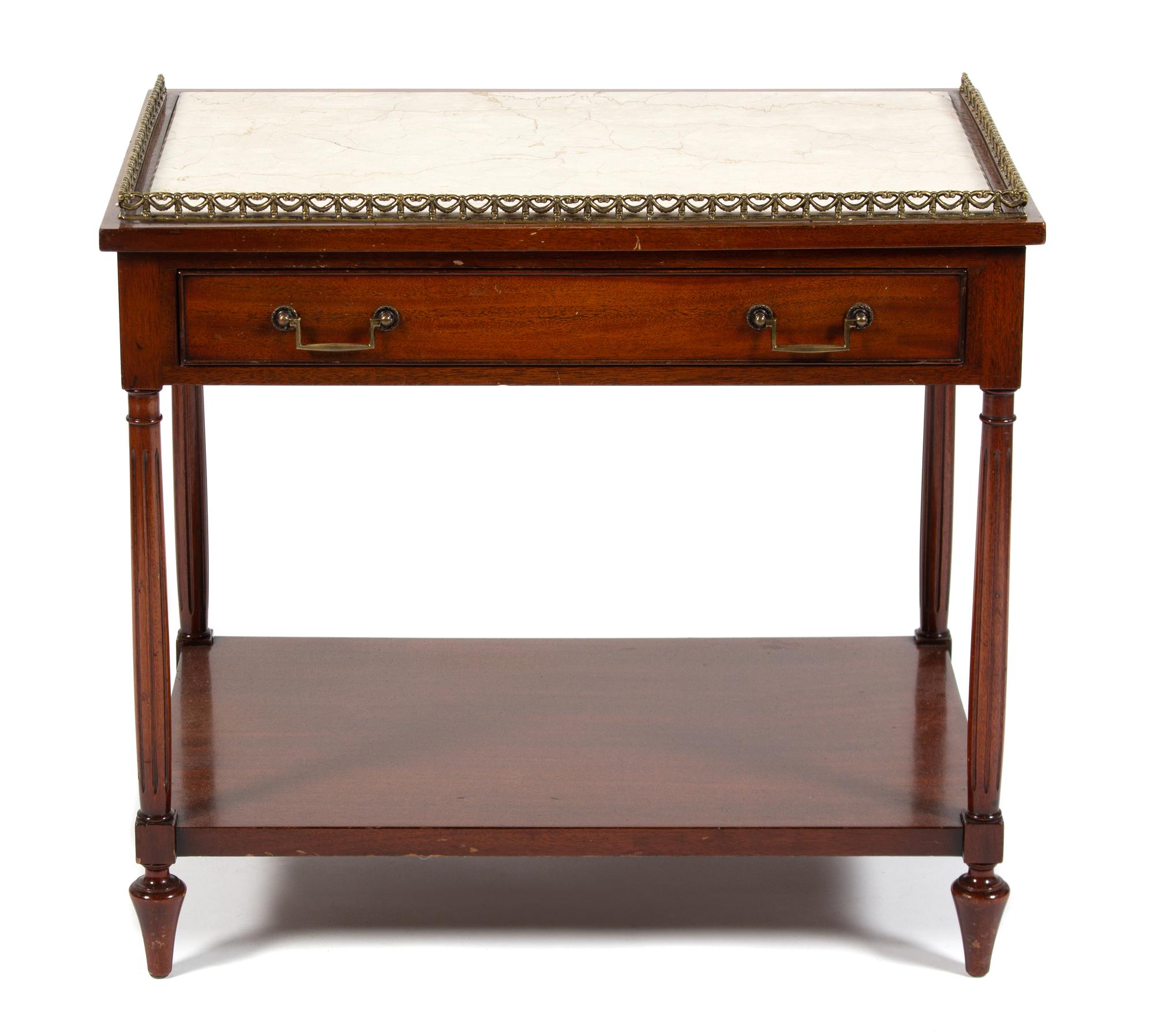 A Directoire Style Mahogany Gilt Metal Mounted Marble Top Side Table Height 24 1/2 x width 27 3/4 x depth 18 1/2 inches. — 20TH CENTURY