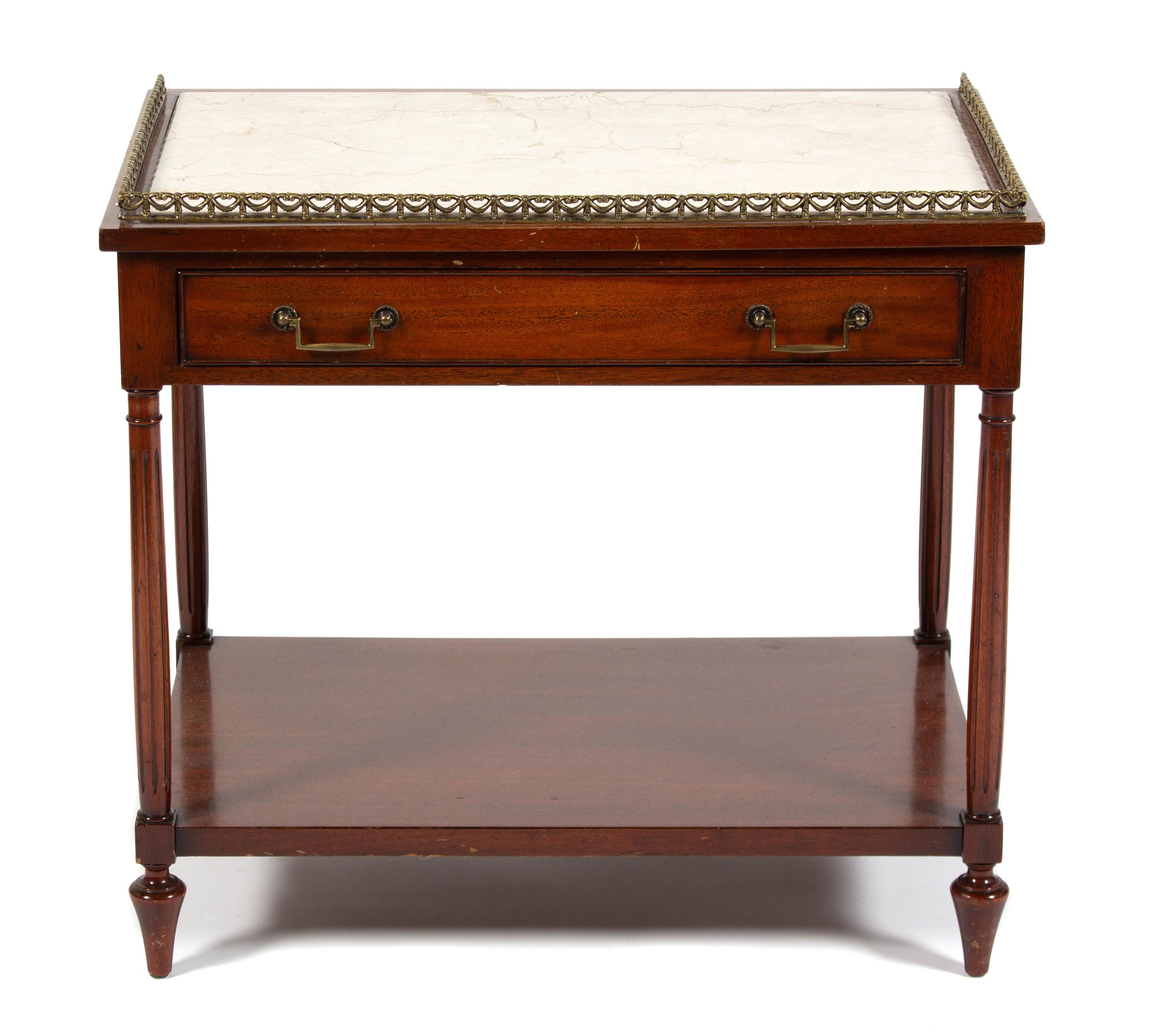 A Directoire Style Mahogany Gilt Metal Mounted Marble Top Side Table Height 24 1/2 x width 27 3/4 x depth 18 1/2 inches. — 20TH CENTURY