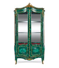 A Louis XV Style Gilt Bronze Mounted Malachite Veneered Vitrine Cabinet