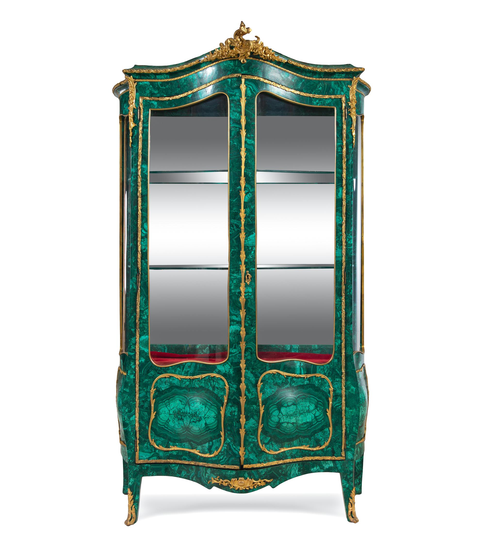 A Louis XV Style Gilt Bronze Mounted Malachite Veneered Vitrine Cabinet