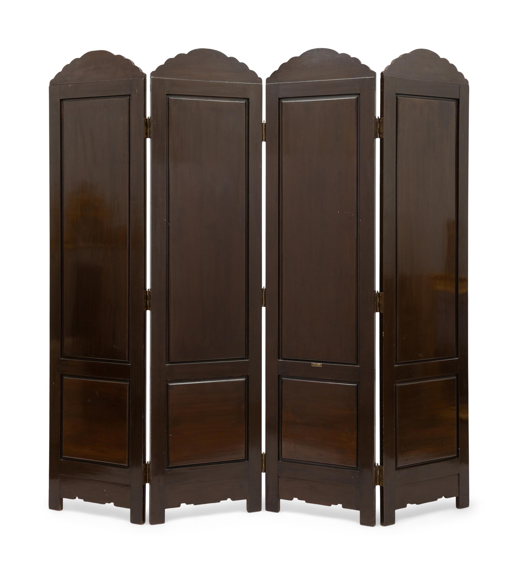 A Chinese Export Carved Hardwood and Painted Four-Panel Floor Screen