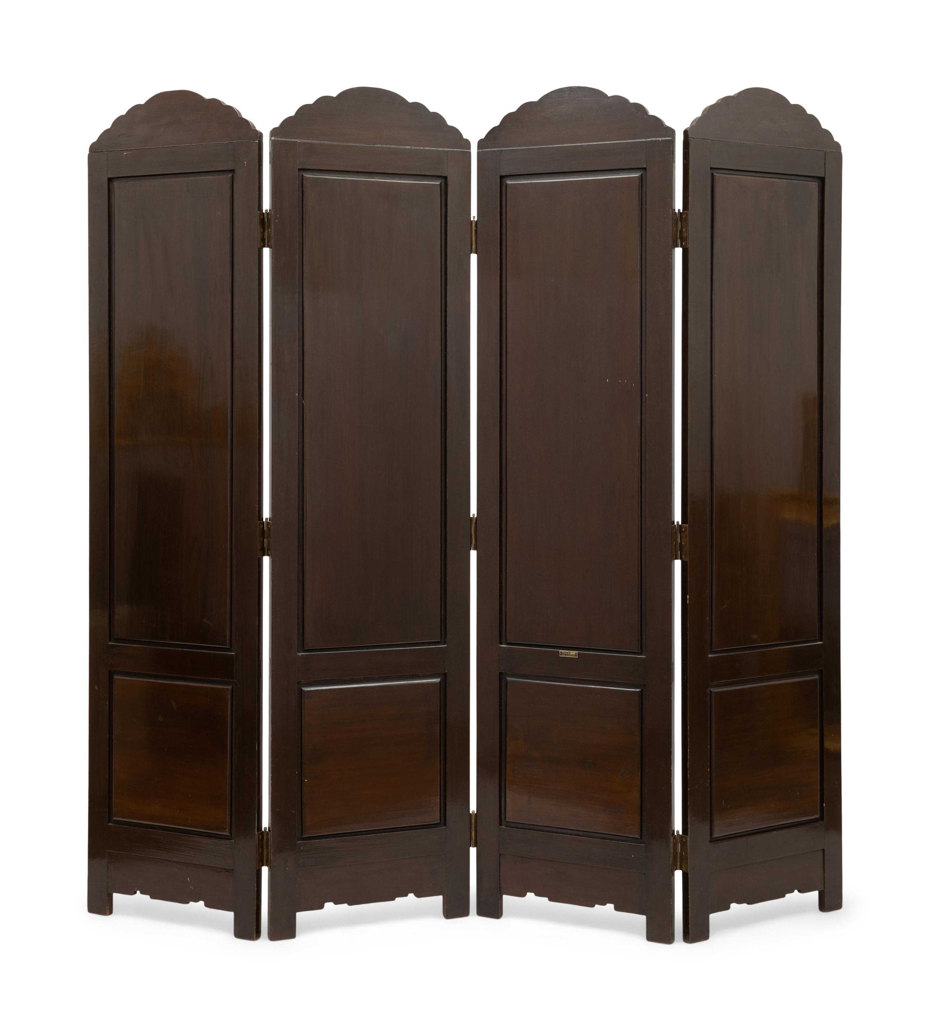 A Chinese Export Carved Hardwood and Painted Four-Panel Floor Screen