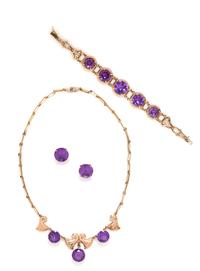 A Collection of Rose Gold and Synthetic Alexandrite Lotus Motif Jewelry, Circa 1950's, 31.70 dwts.