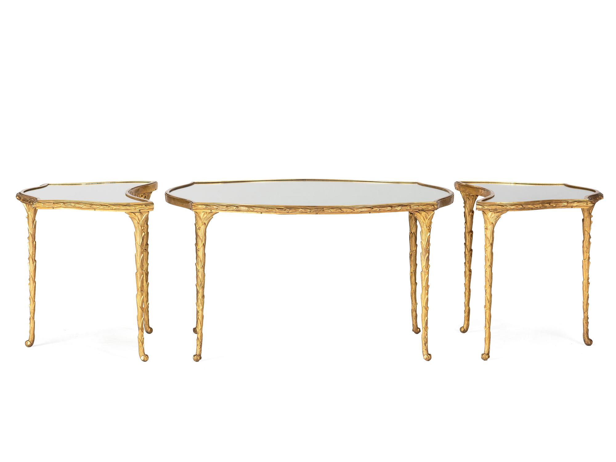 A Three Part Gilt Bronze Mirrored Coffee Table, Style of Guerin