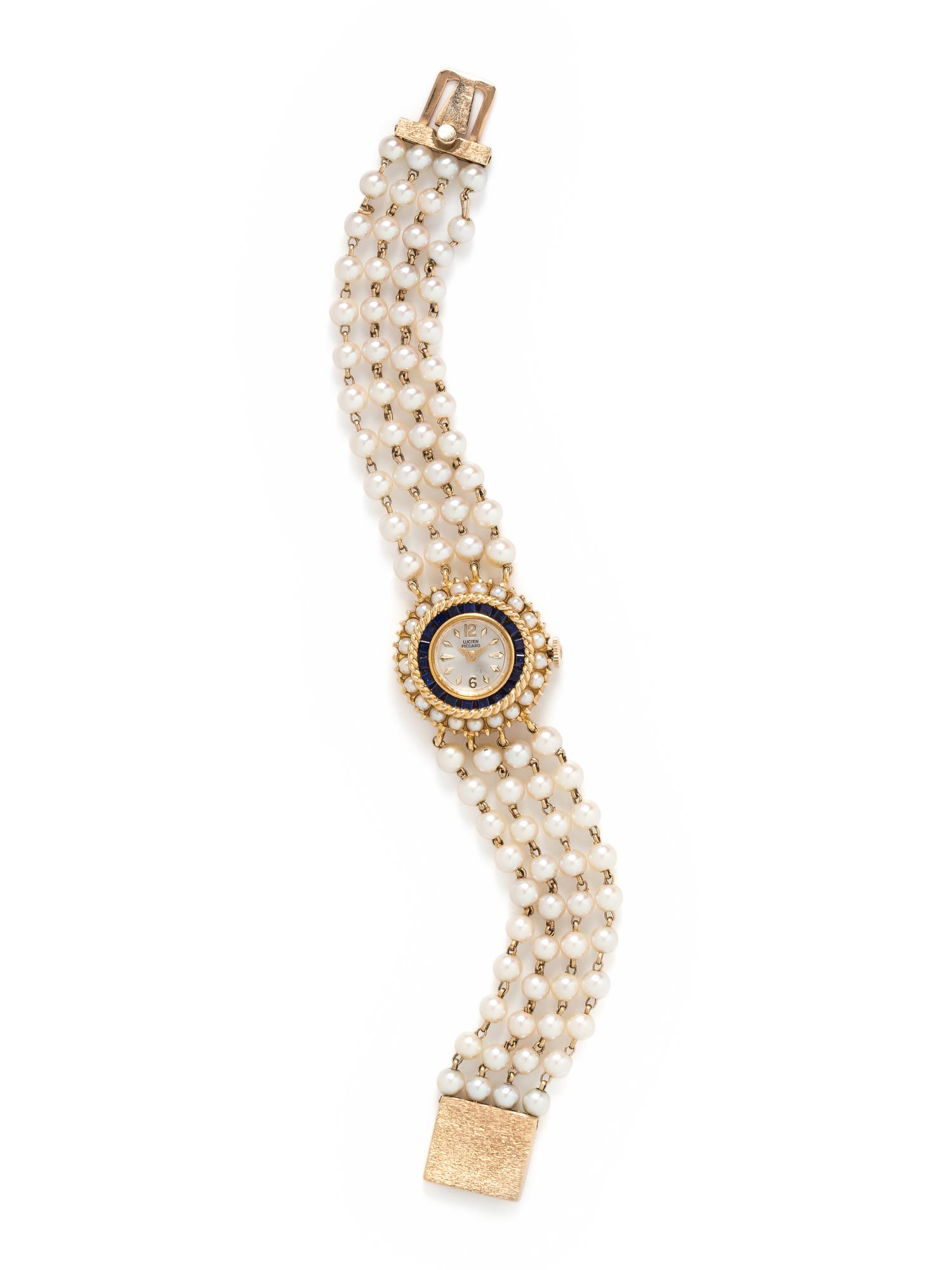 LUCIEN PICCARD, 14K YELLOW GOLD AND CULTURED PEARL WRISTWATCH