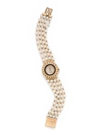 LUCIEN PICCARD, 14K YELLOW GOLD AND CULTURED PEARL WRISTWATCH