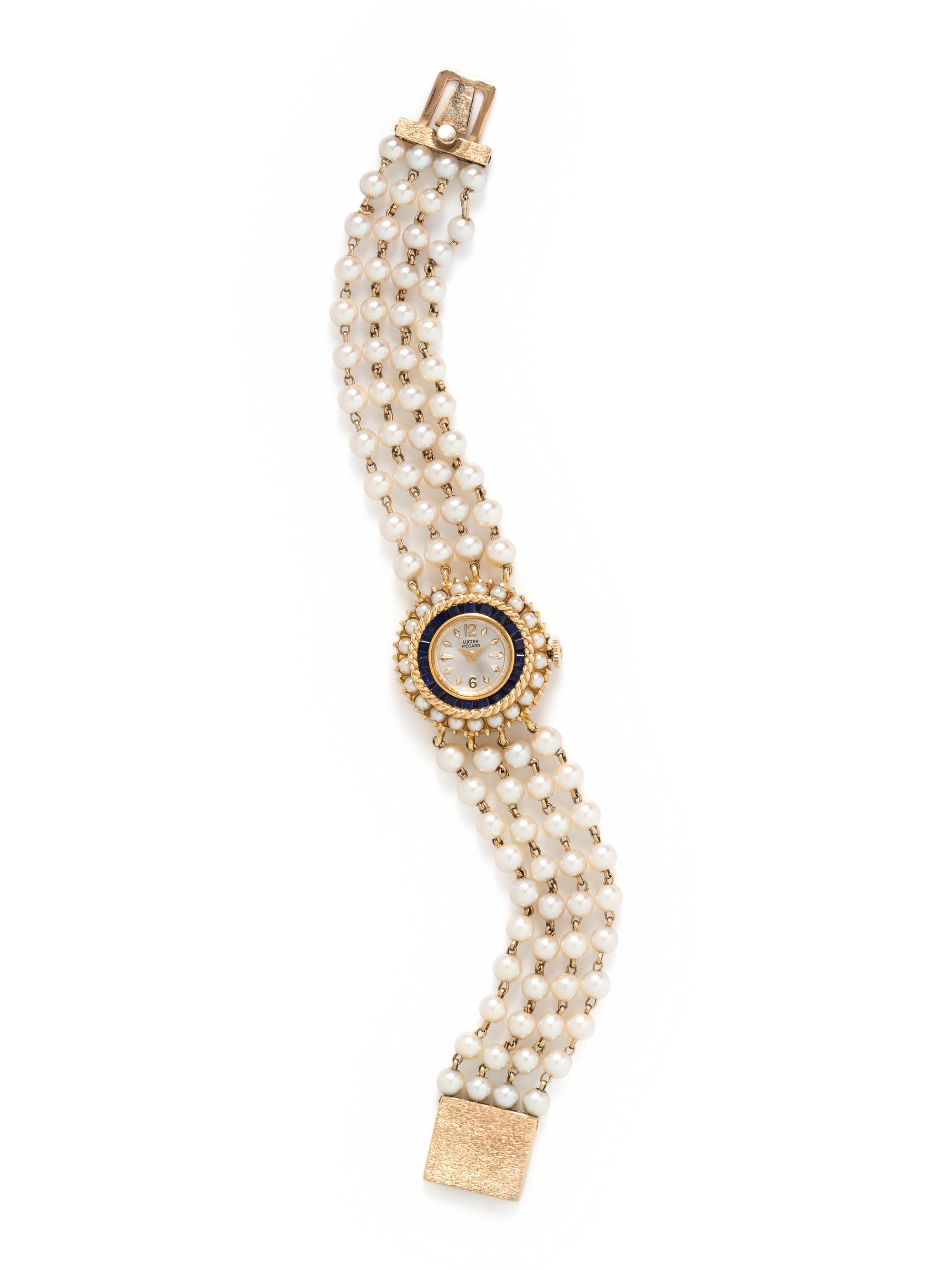 LUCIEN PICCARD, 14K YELLOW GOLD AND CULTURED PEARL WRISTWATCH