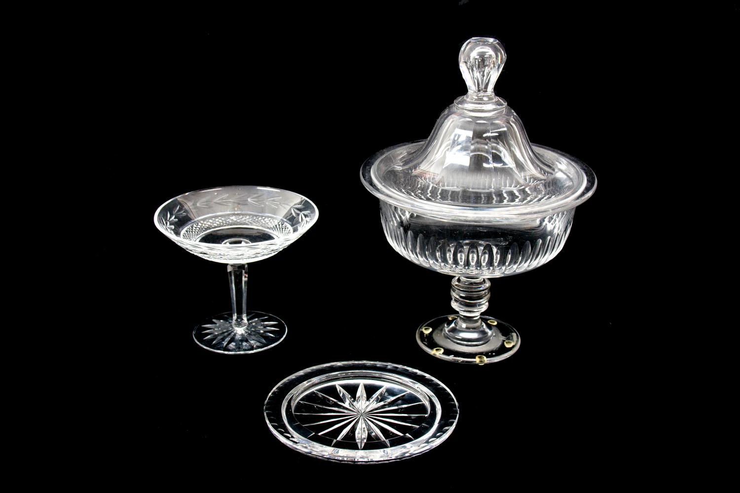 Three Pieces of Cut Glass Height of largest 12 inches.