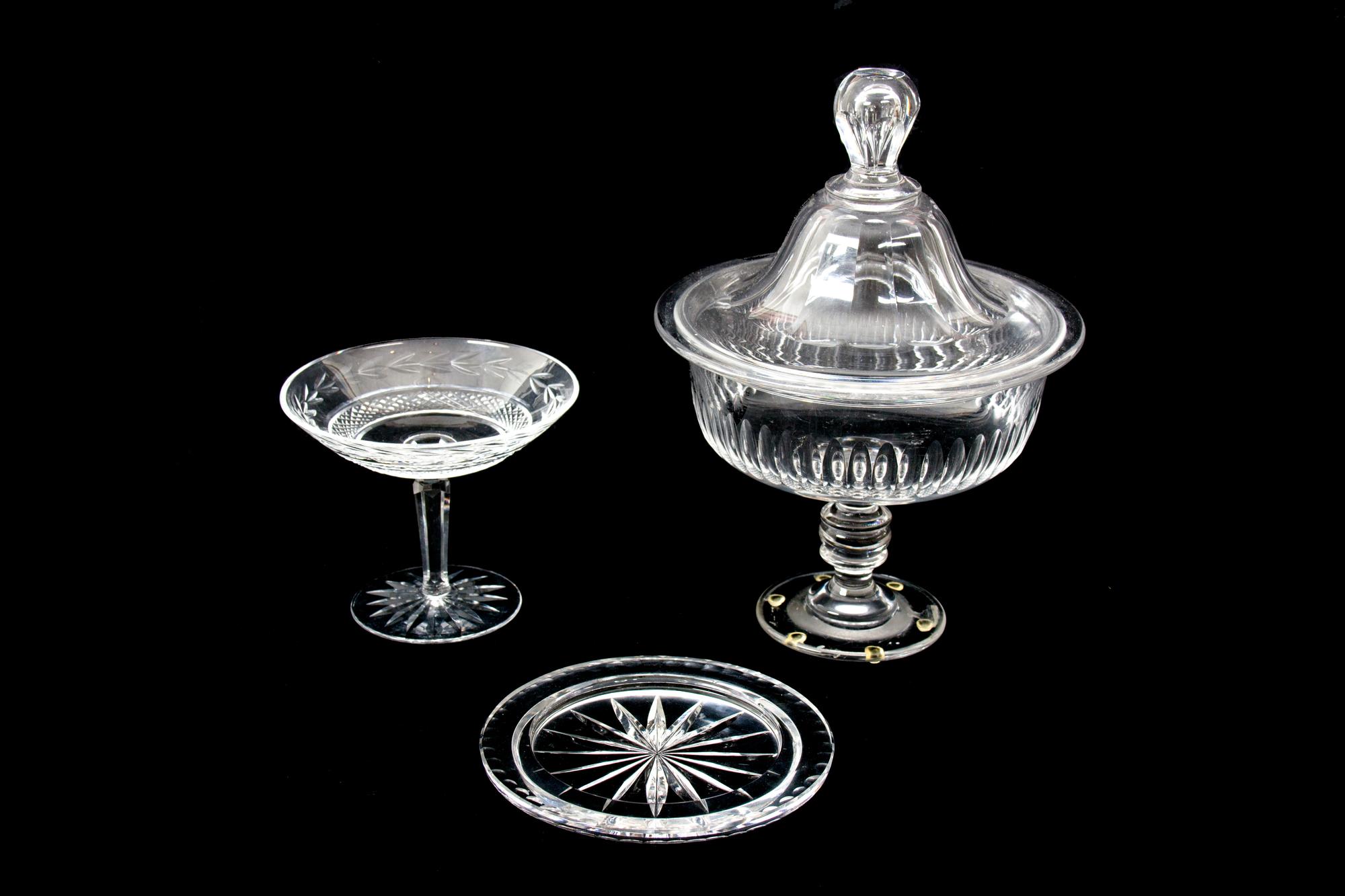 Three Pieces of Cut Glass Height of largest 12 inches.