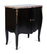 A Transitional Louis XV/XVI Style Gilt Bronze Mounted Ebonized Marble-Top Commode