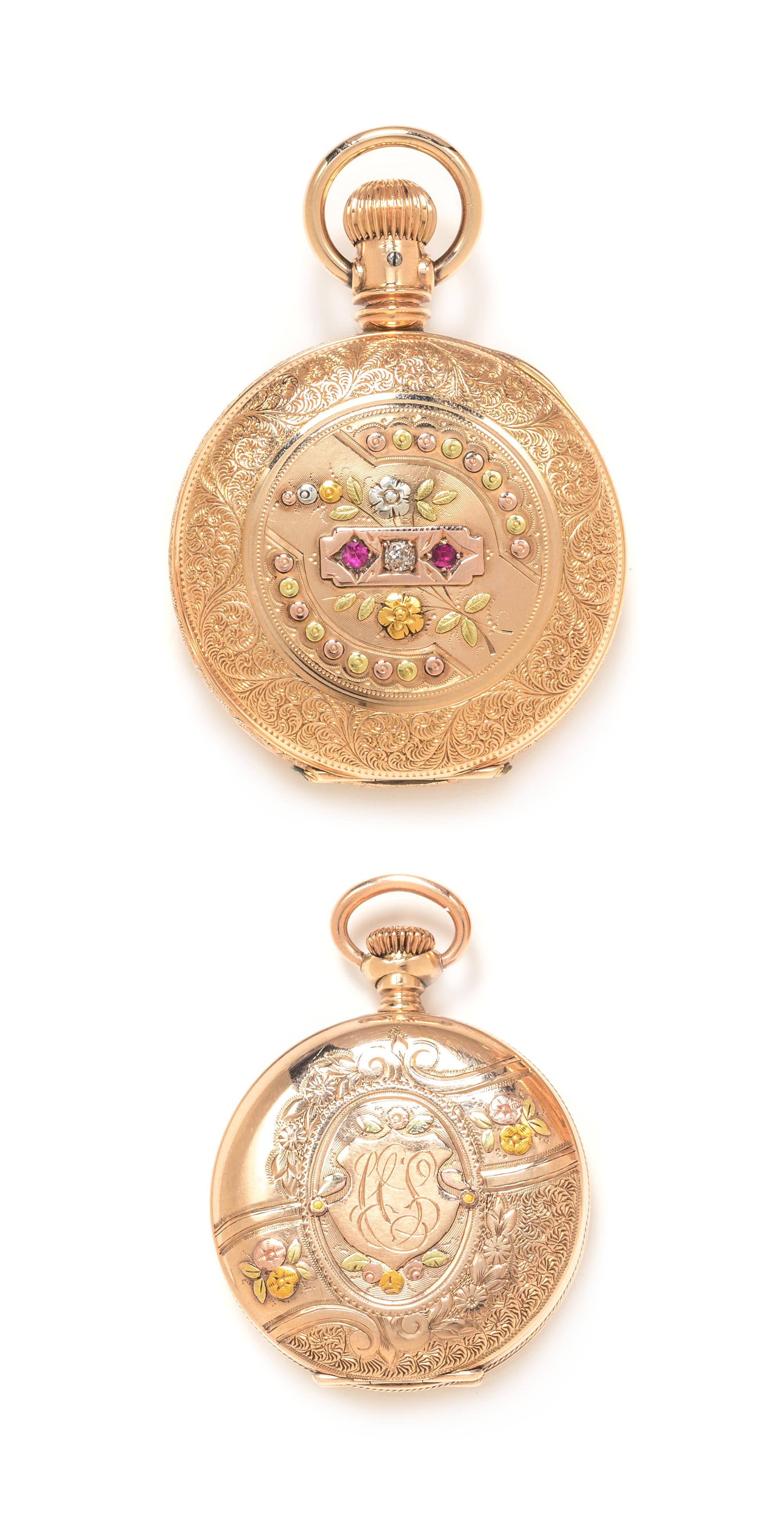 A Collection of Tricolor Gold Filled, Diamond and Ruby Hunter Case Pocket Watches, Elgin, Circa 1890 and 1899, 64.40 dwts.