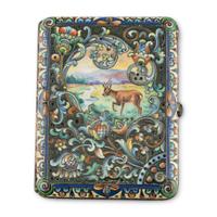 A Russian En Plein Enamel and Silver Cigarette Case