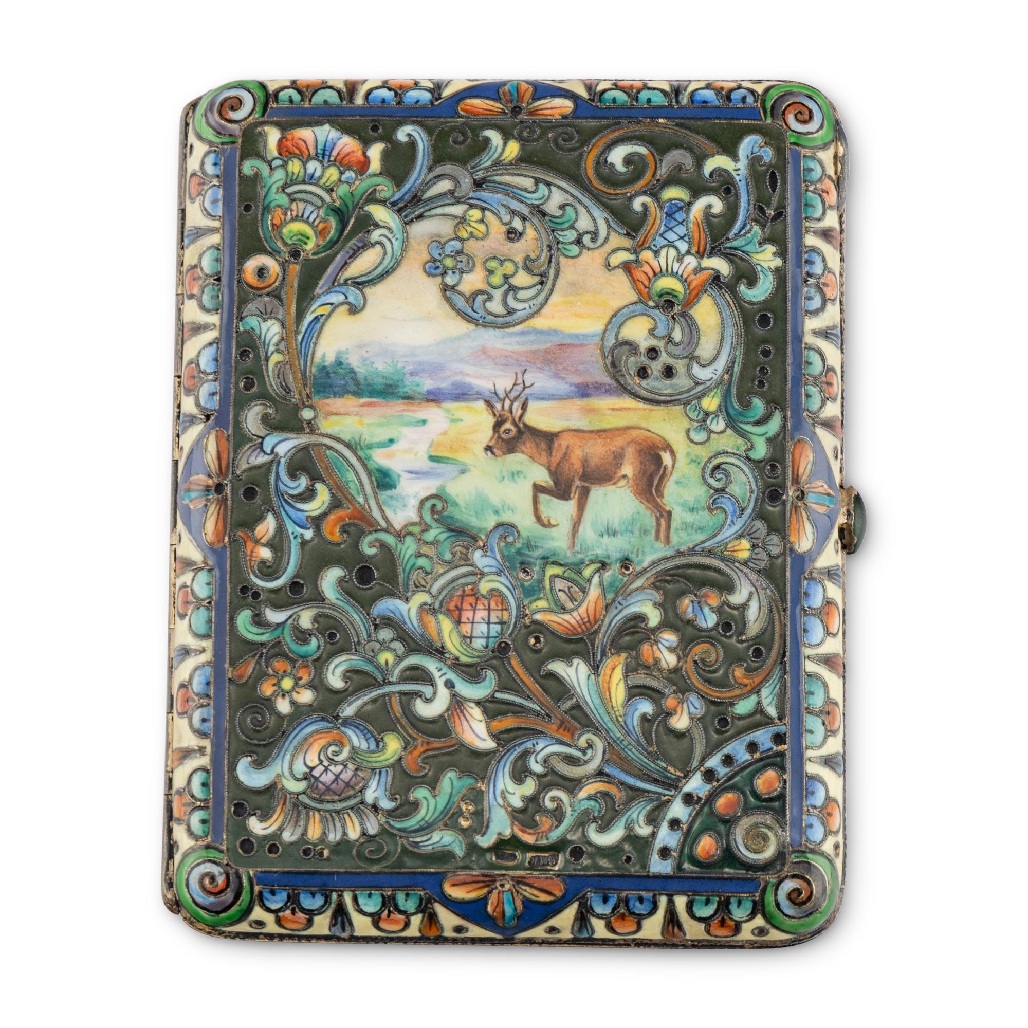 A Russian En Plein Enamel and Silver Cigarette Case