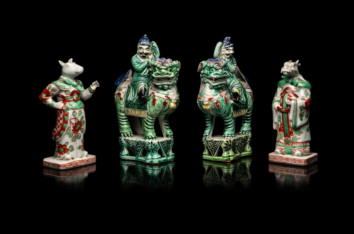 Two Pairs of Chinese Famille Verte Porcelain Figures
