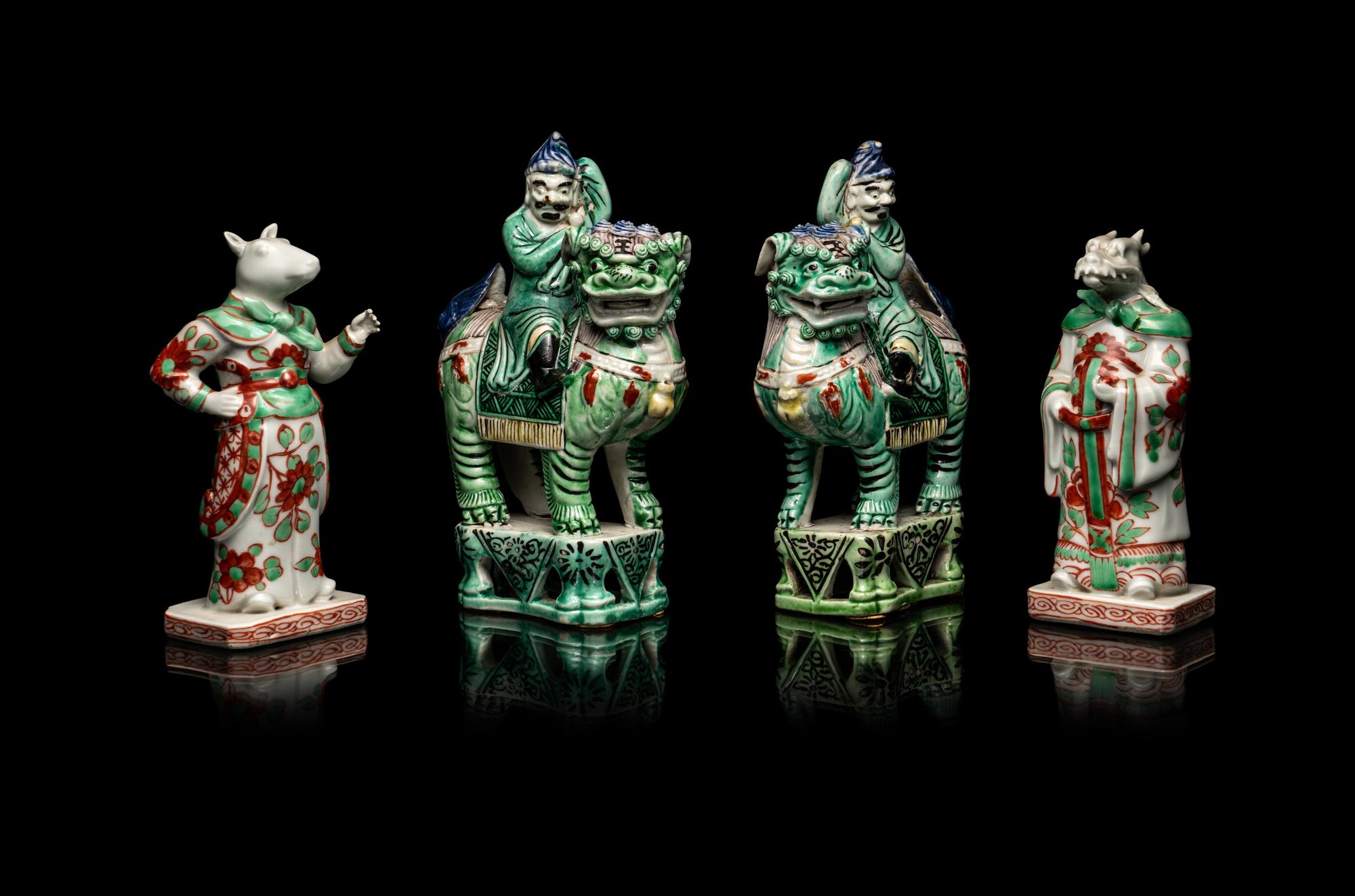 Two Pairs of Chinese Famille Verte Porcelain Figures