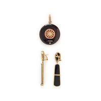 YELLOW GOLD, ONYX, ENAMEL, AND DIAMOND EARRINGS AND PENDANT