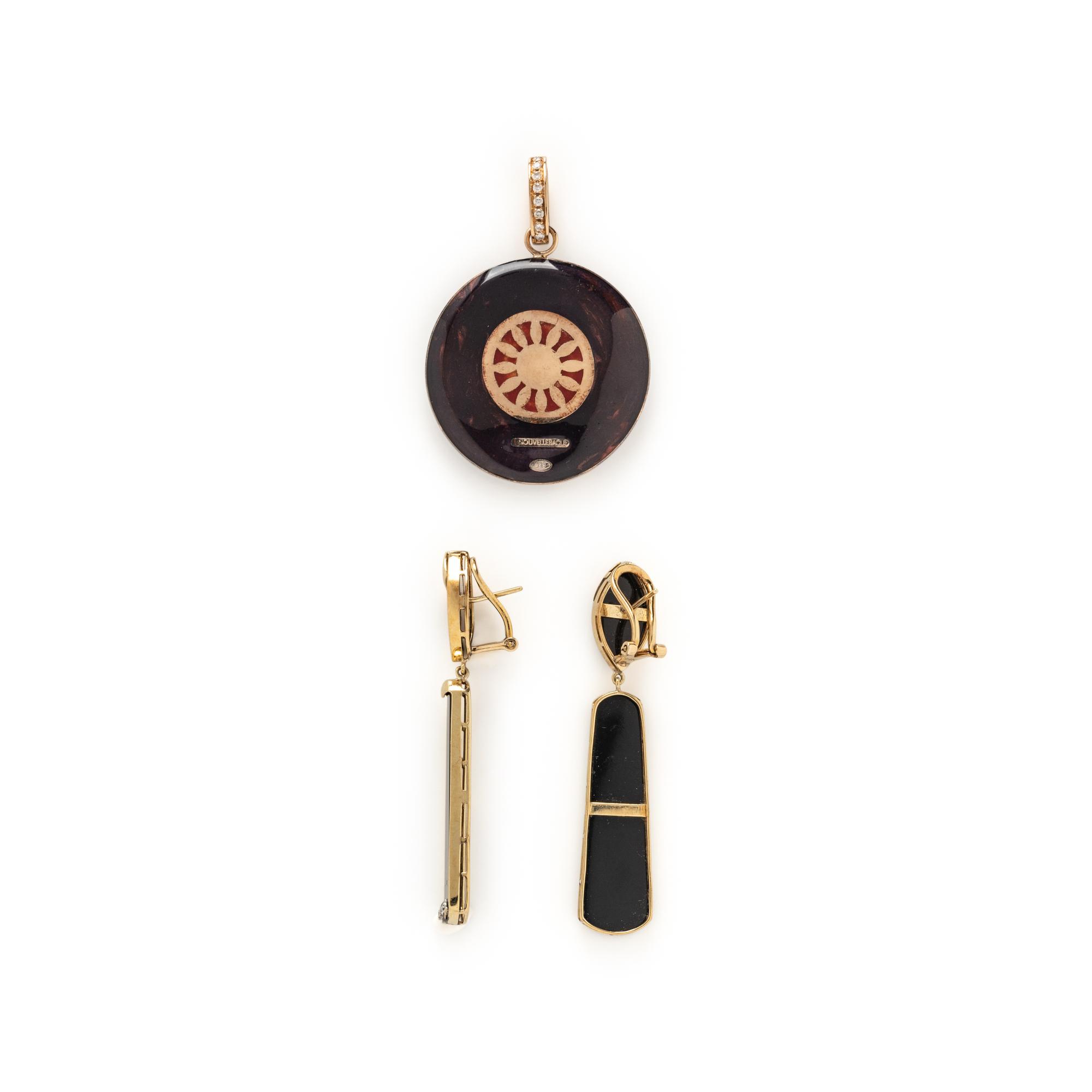 YELLOW GOLD, ONYX, ENAMEL, AND DIAMOND EARRINGS AND PENDANT