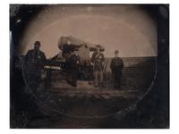 [CIVIL WAR]. Half plate tintype featuring Union officers posed with a Rodman Gun.