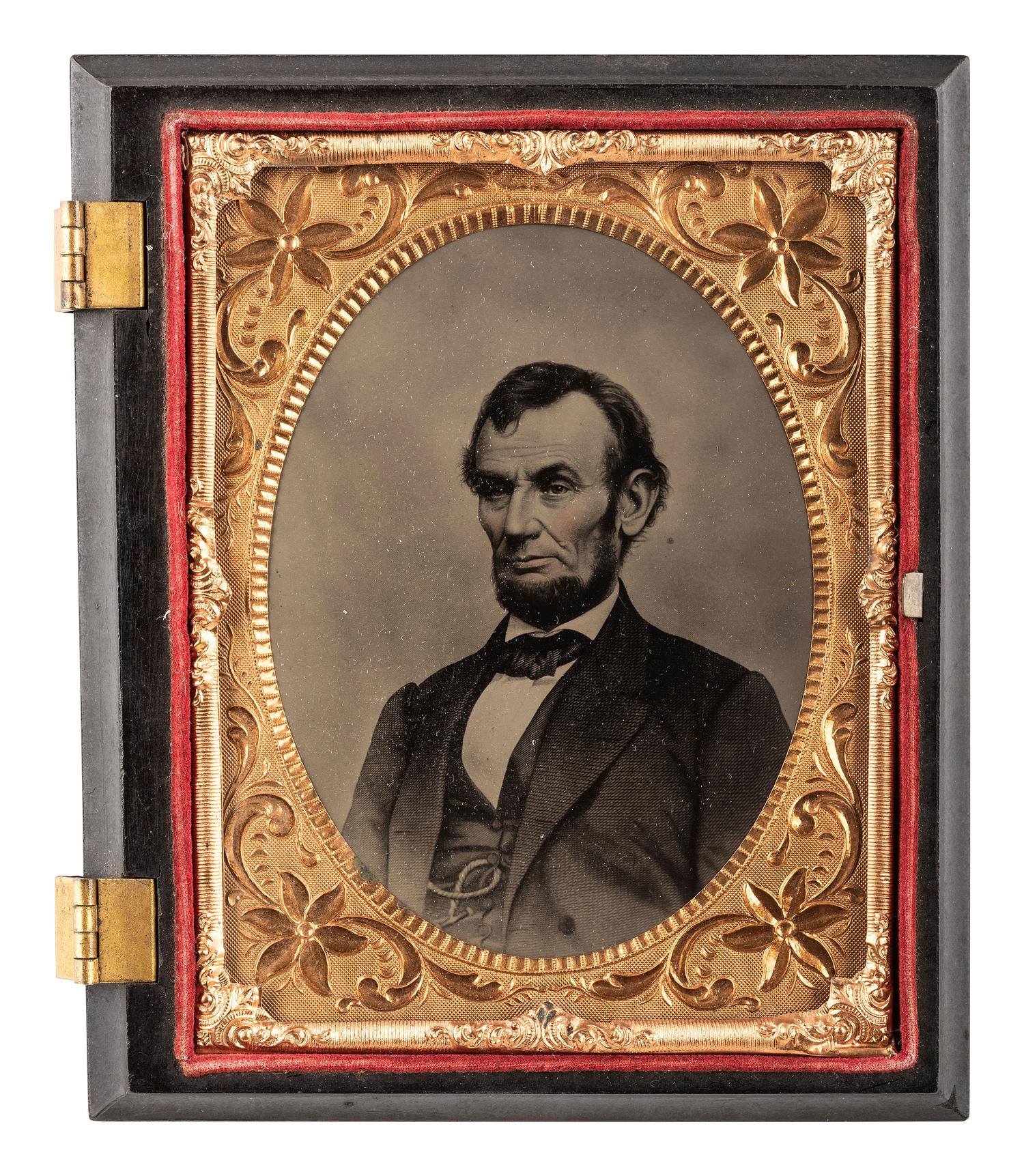 [LINCOLN, Abraham (1809-1865)]. Quarter plate tintype of Abraham Lincoln after photograph originally taken by Anthony BERGER. Ca 1865-1866.