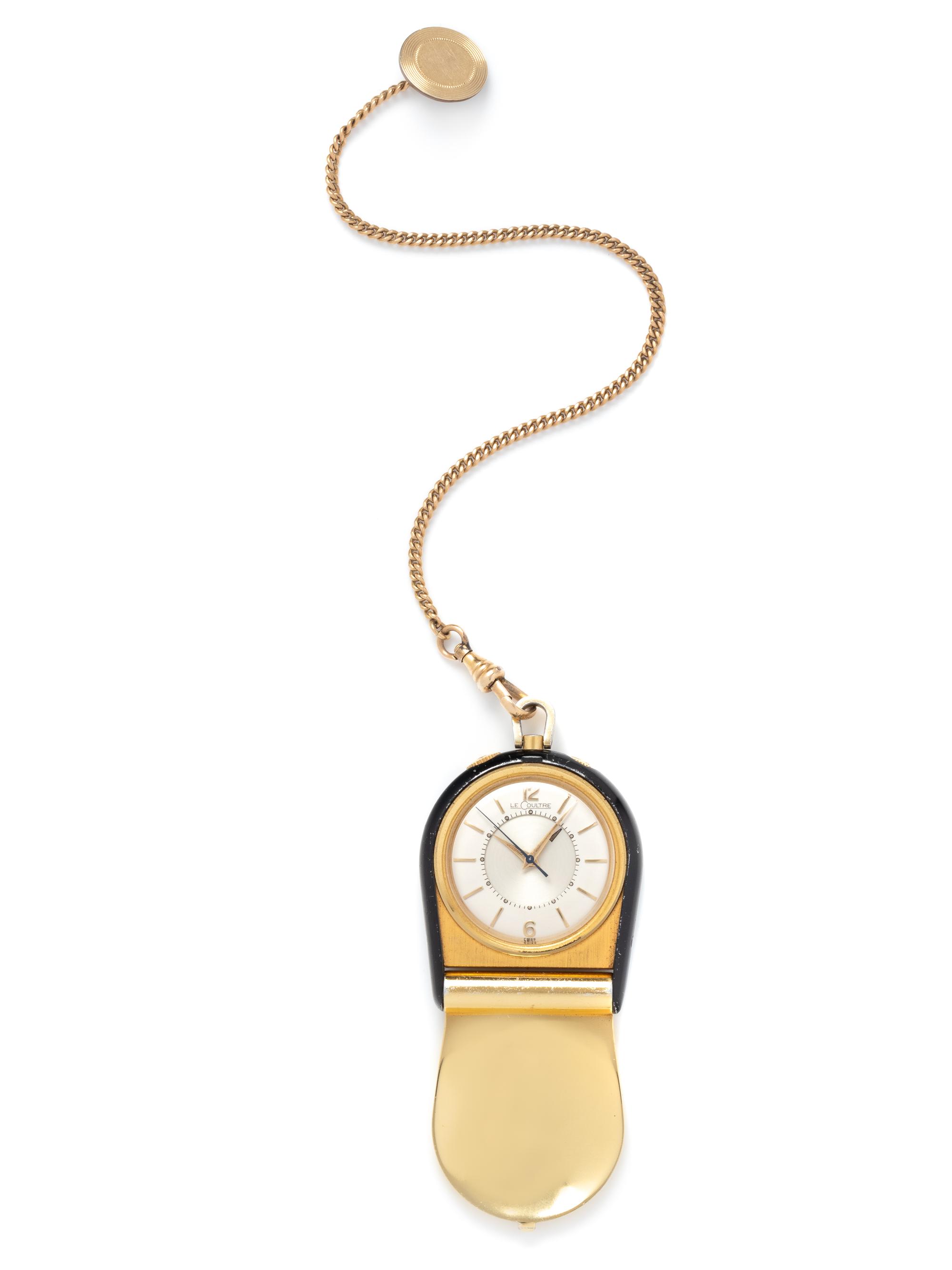 LeCOULTRE, GILT METAL AND ENAMEL TRAVEL ALARM CLOCK