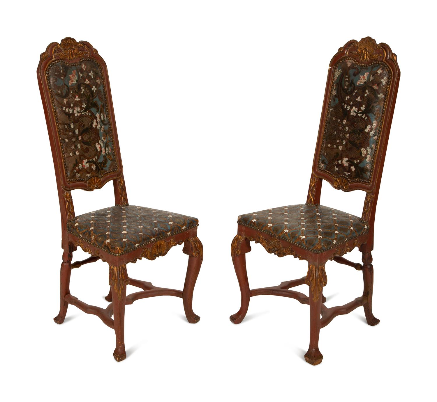 A Pair of Spanish Painted and Parcel Gilt High Back Side Chairs with Painted Leather Upholstery