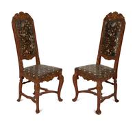 A Pair of Spanish Painted and Parcel Gilt High Back Side Chairs with Painted Leather Upholstery