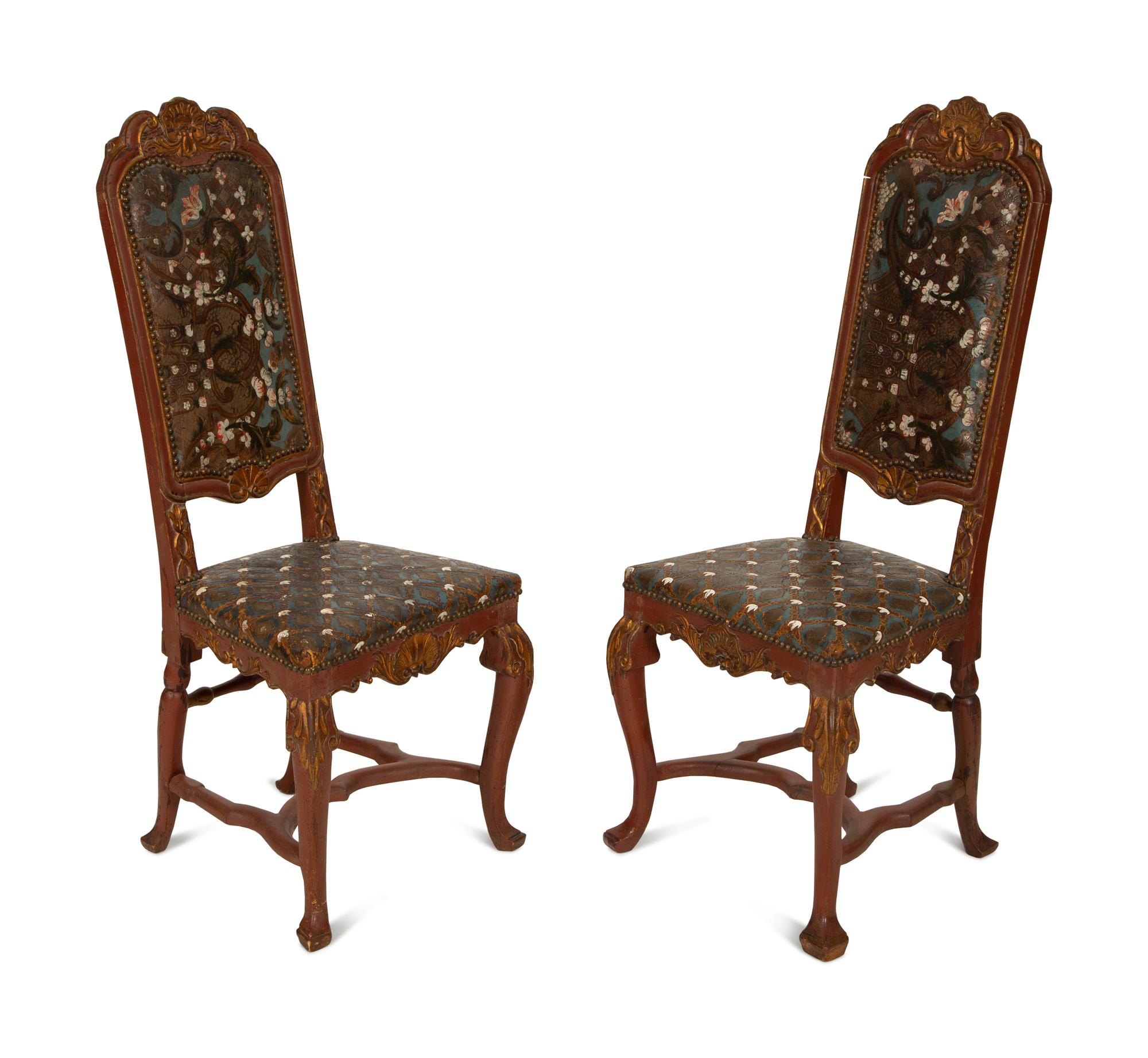 A Pair of Spanish Painted and Parcel Gilt High Back Side Chairs with Painted Leather Upholstery