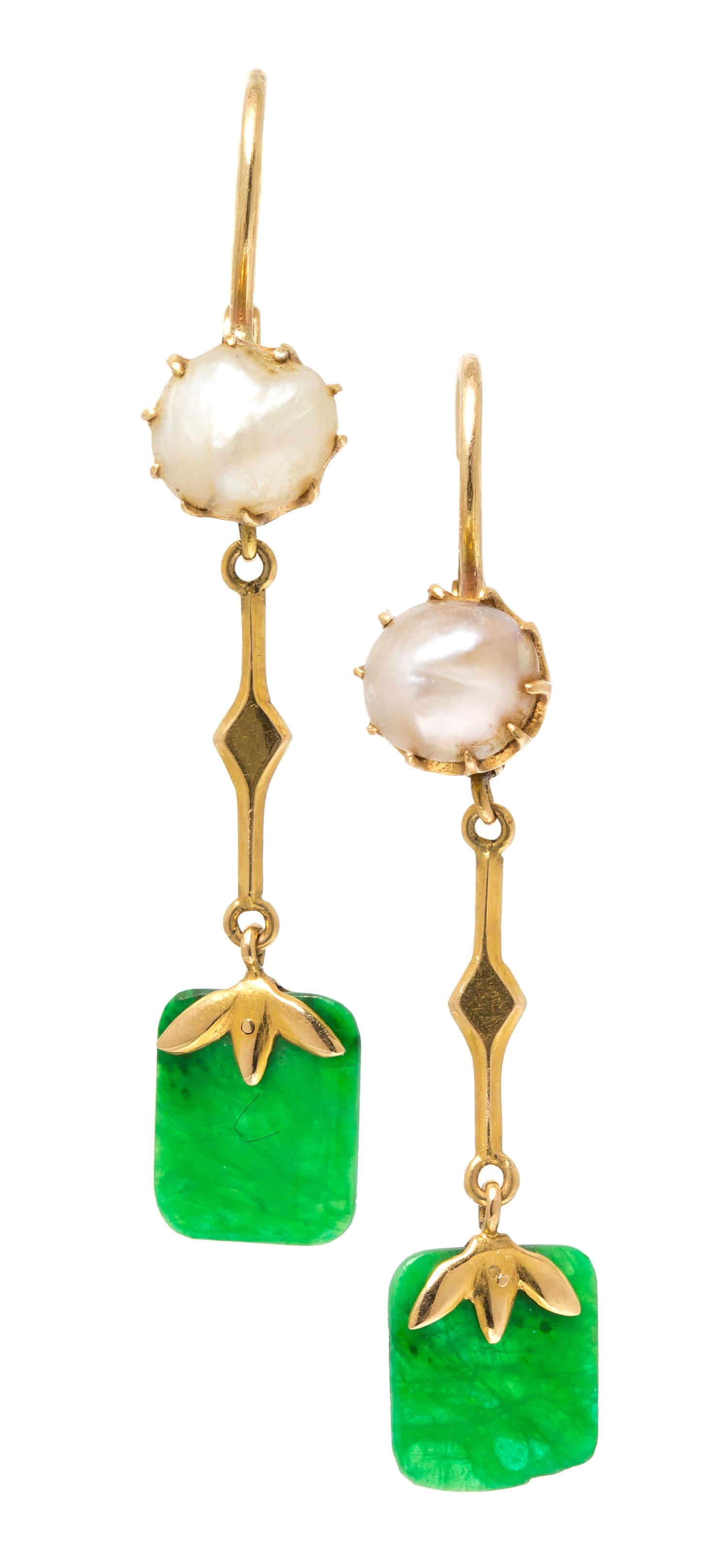 A Pair of 18 Karat Yellow Gold, Jade and Cultured Pearl Earrings, 2.50 dwts.