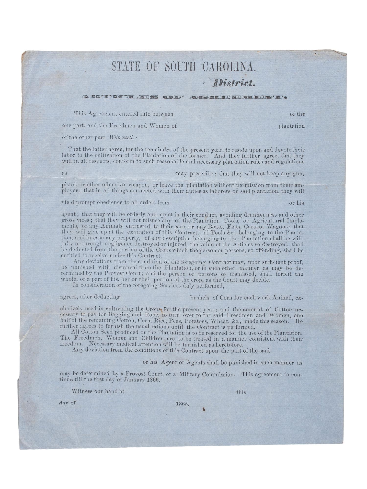 [RECONSTRUCTION - LABOR]. A group of documents and pamphlets related to Freedmen, especially labor issues including prison contract labor, comprising:
